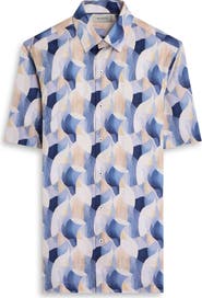 Bugatchi Vero Shaped Fit Abstract Print Short Sleeve Stretch Cotton Button-Up Shirt
