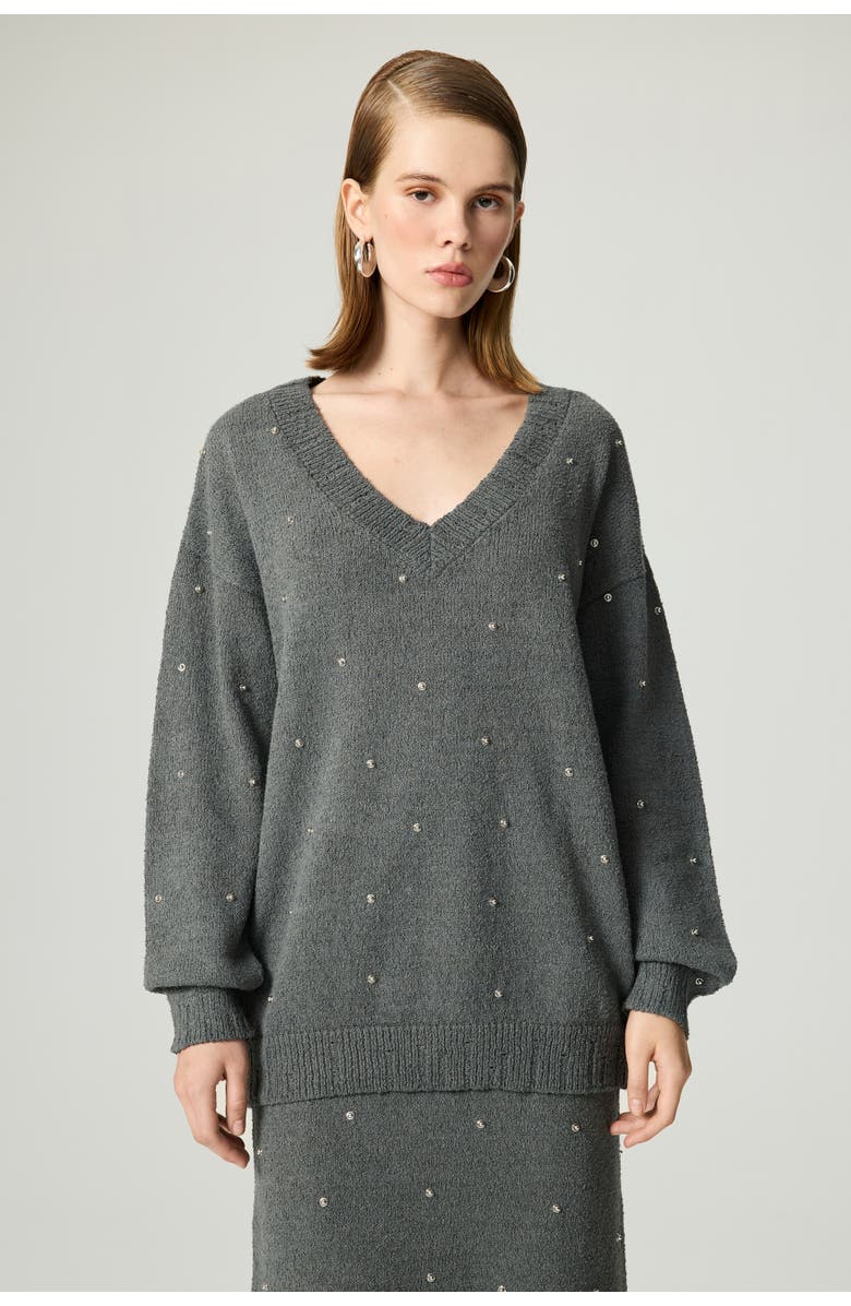 Nocturne Embellished V-Neck Knit Sweater, Main, color, Anthracite