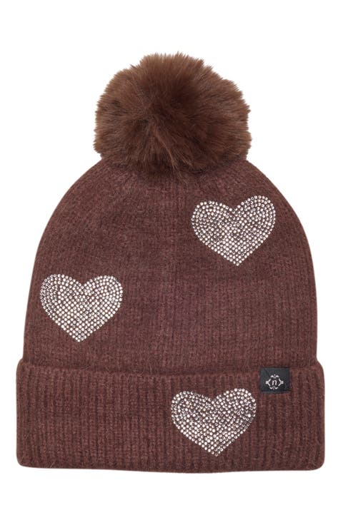 Heart Rhinestone Pom Beanie