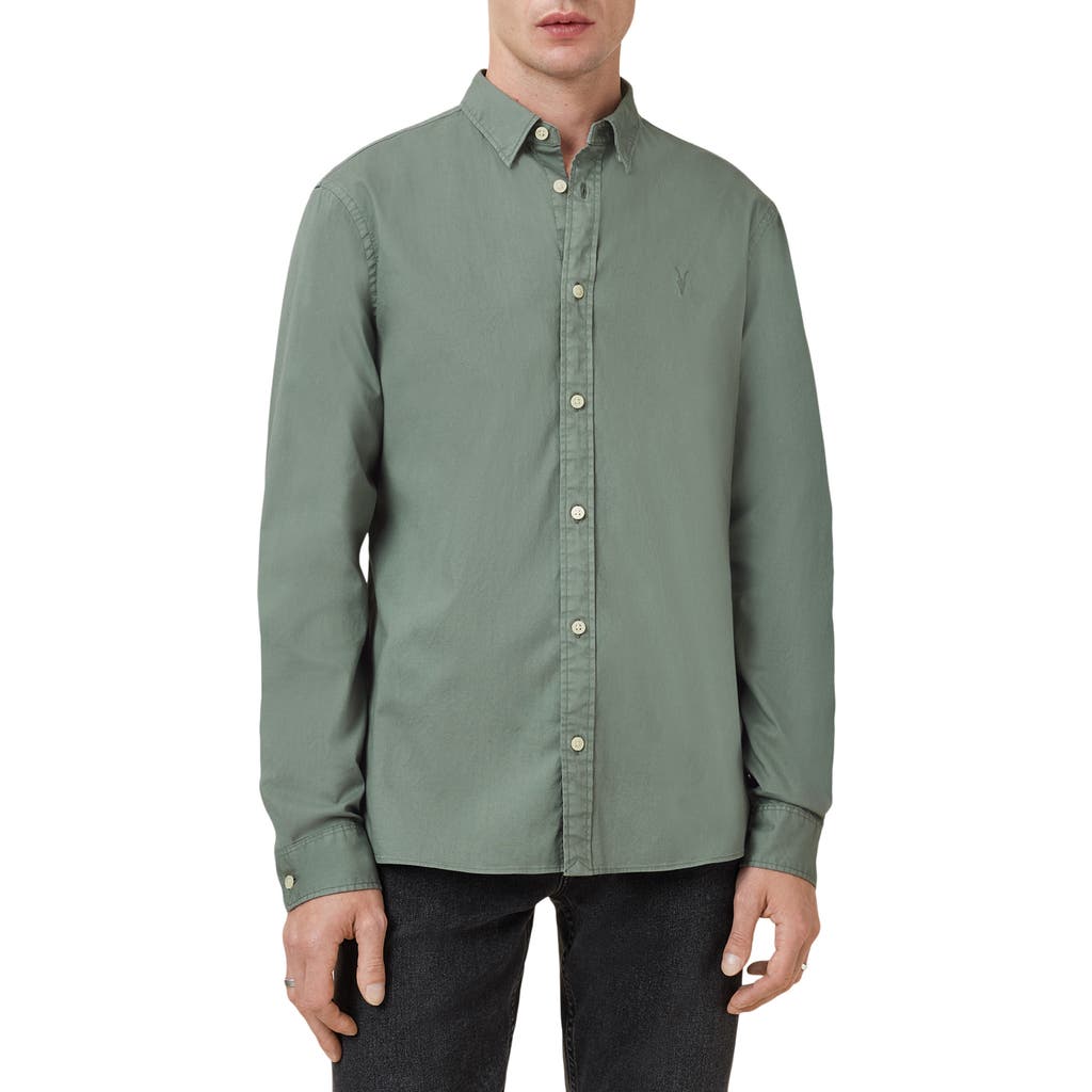 Allsaints Hawthorne Solid Stretch Cotton Button-up Shirt In Smokey Green