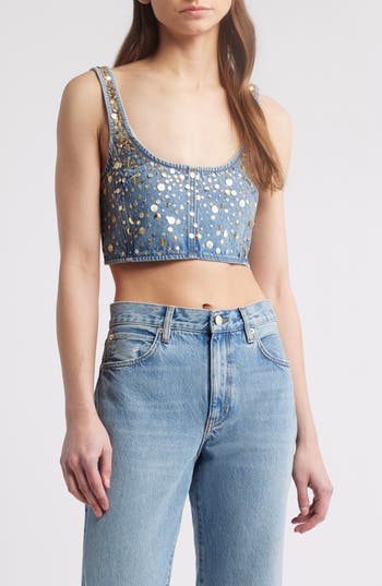 Frame The Champagne Sequin Denim Crop Top In Blue