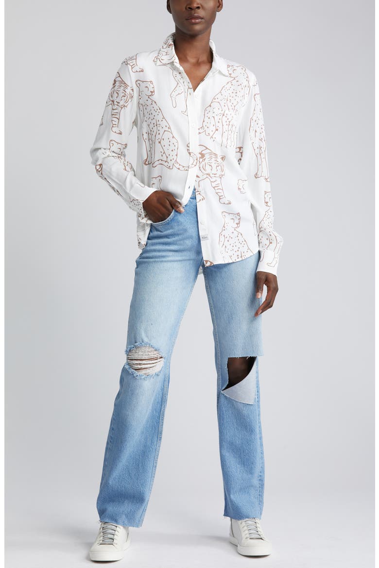 Kathryn Wild Cat Print Button-Up Shirt, Main, color, CAMEL JUNGLE CATS