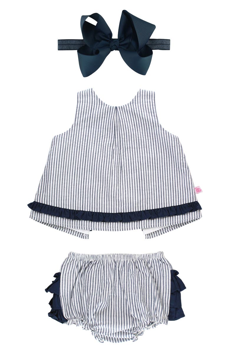 RuffleButts Stripe Cotton Seersucker Swing Top, Bloomers & Headband Set, Main, color, 