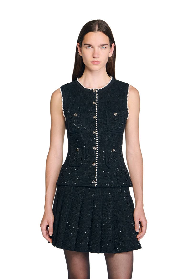 Decorative tweed waistcoat, Main, color, Black