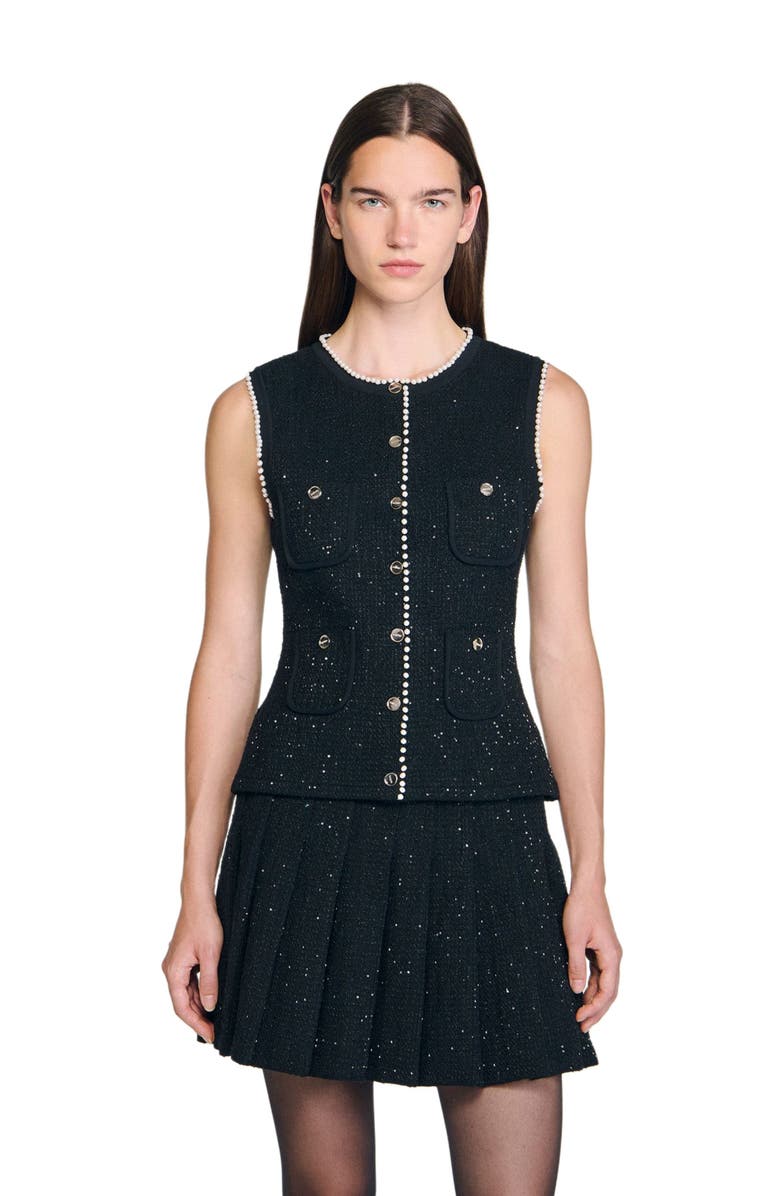 SANDRO Decorative tweed waistcoat, Main, color, Black