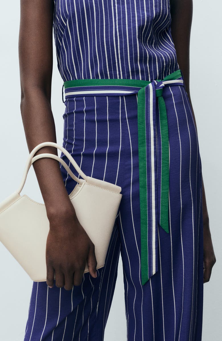 MANGO Stripe Tie Waist Jumpsuit, Alternate, color, Blue