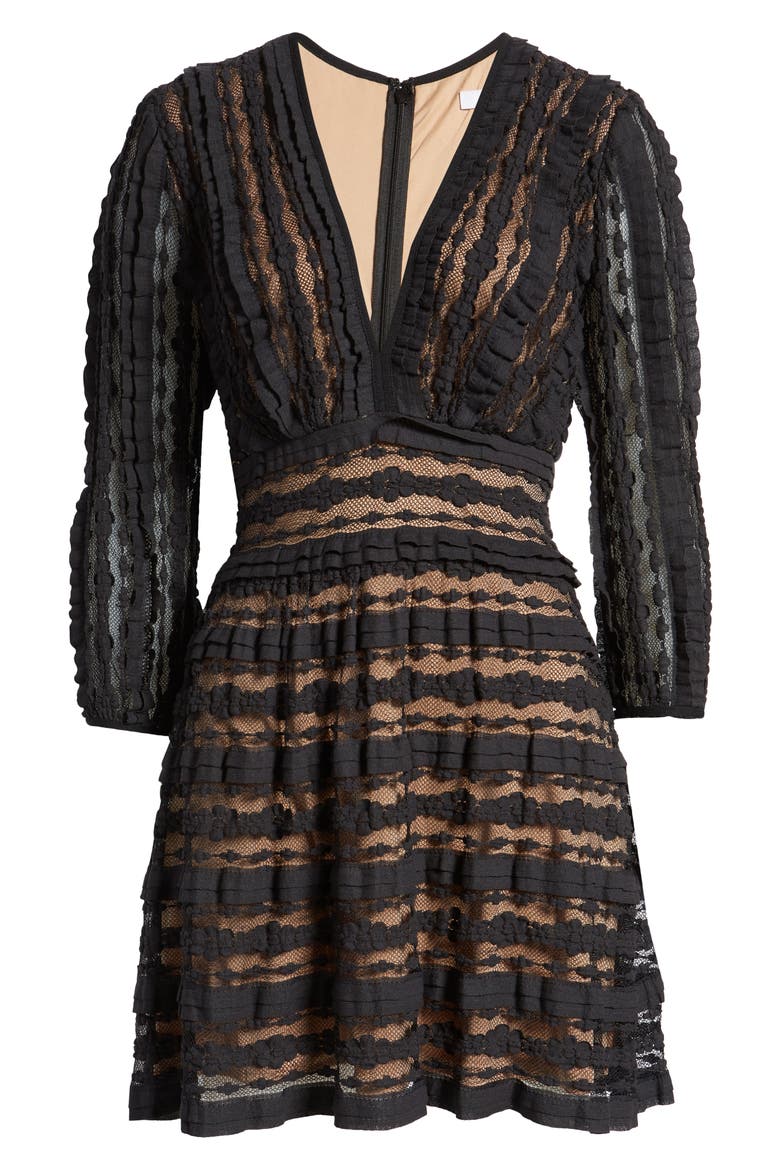 Tadashi Shoji Crinkle Lace Long Sleeve Dress, Alternate, color, BLACK/ NUDE