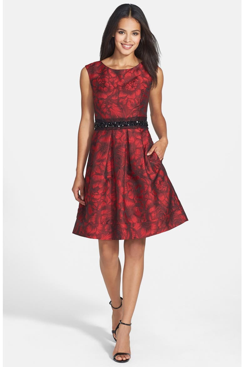 Embellished Waist Brocade Fit & Flare Dress, Alternate, color, BLACK/ RED