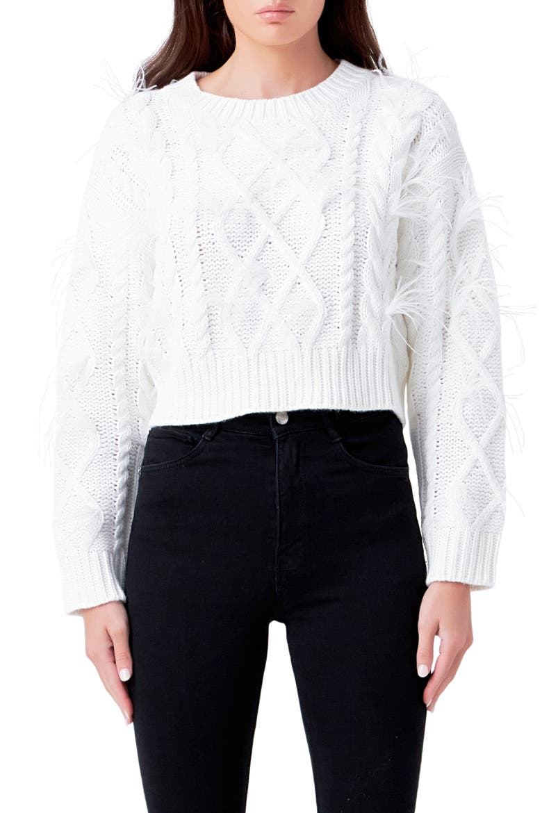 Feather Trim Crop Sweater, Main, color, CREAM