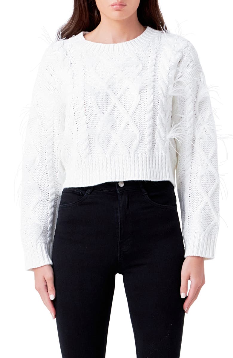 Endless Rose Feather Trim Crop Sweater, Main, color, Cream