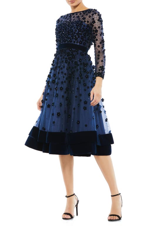 Mac Duggal Embellished Illusion High Neck Long Sleeve Fit & Flare Dress In Midnight