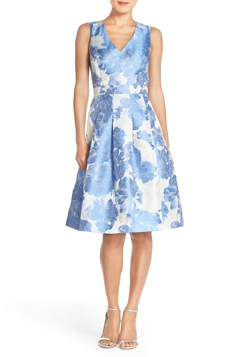 Floral Jacquard Fit & Flare Dress, Main, color, BLUE PRINT
