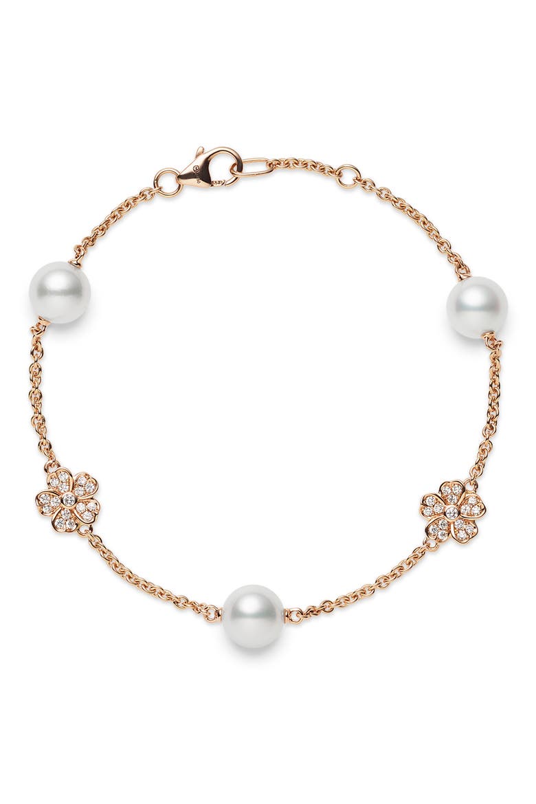 Akoya Cultured Pearl & Diamond Bracelet, Main, color, ROSE GOLD