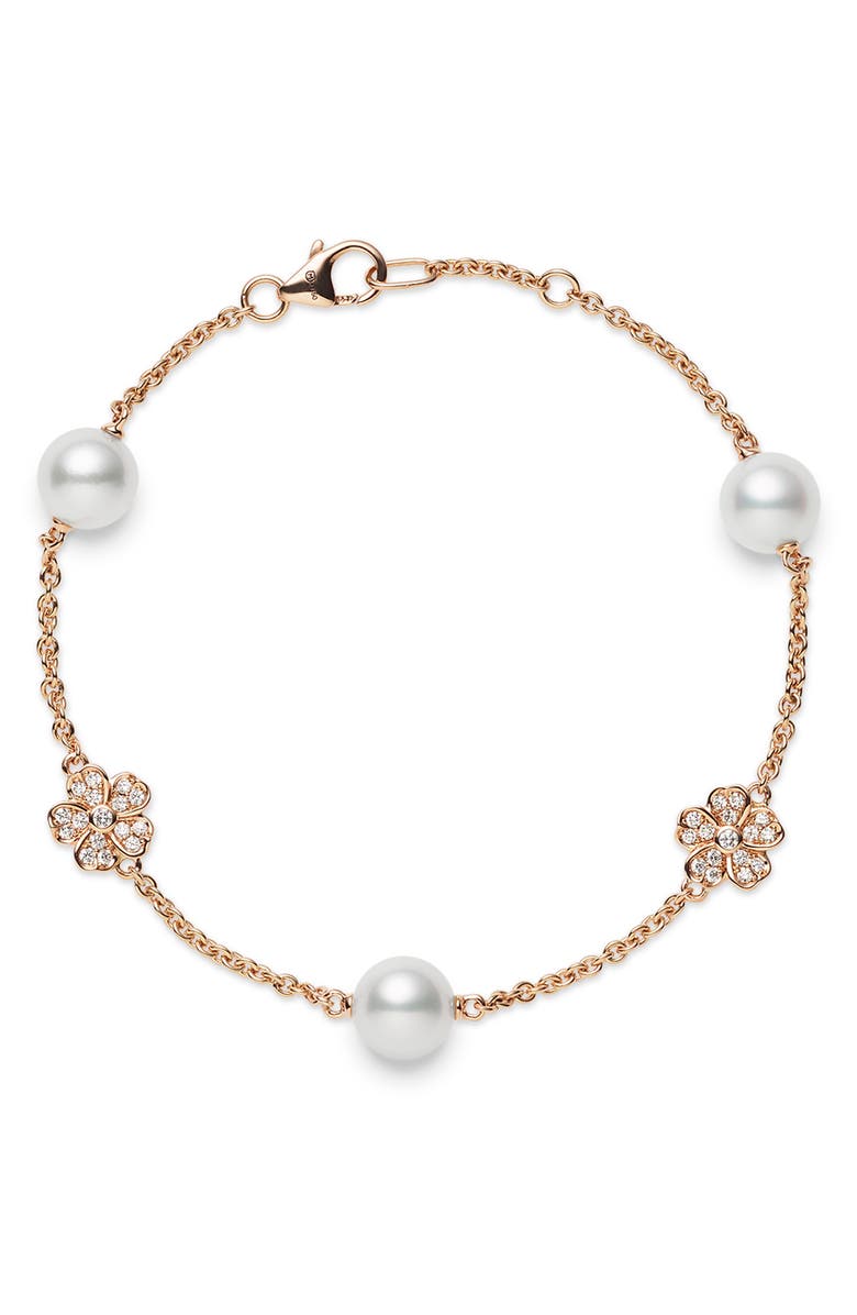 Mikimoto Akoya Cultured Pearl & Diamond Bracelet, Main, color, Rose Gold
