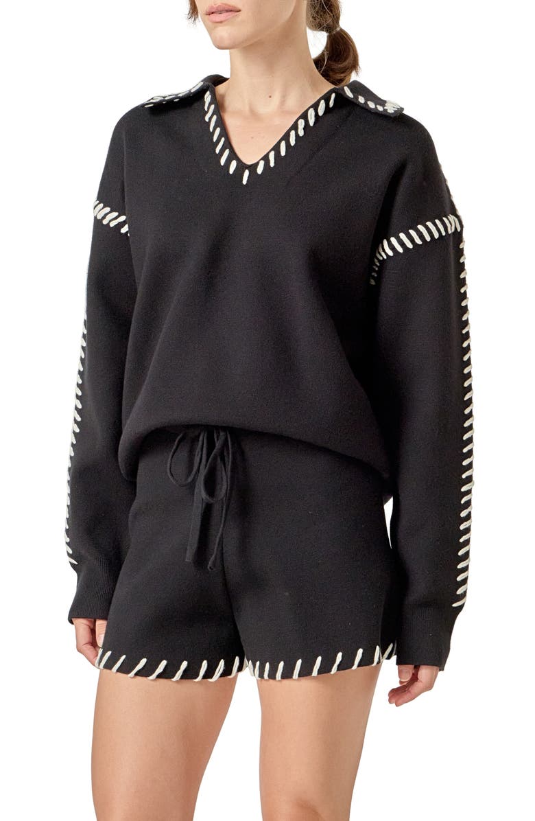 English Factory Contrasting Stitch Relaxed Fit Top, Alternate, color, Black/ White