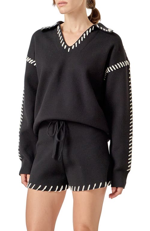 English Factory Contrasting Stitch Relaxed Fit Top In Black