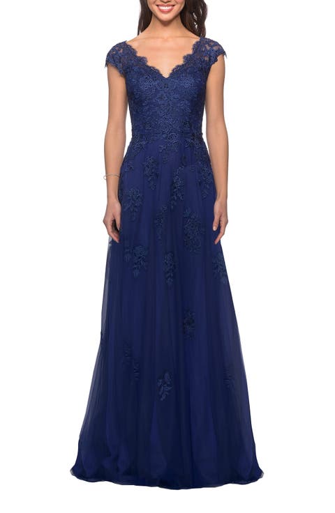 Short Sleeve Lace Gown with Cascading Embellishments