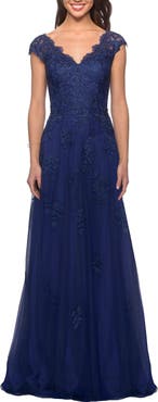 La Femme Short Sleeve Lace Gown with Cascading Embellishments