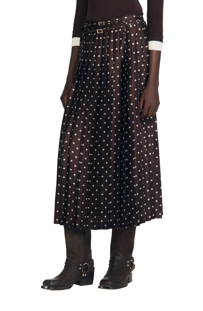 SANDRO Scarf print midi skirt, Main, color, Brown / White