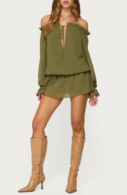 EDIKTED Delphine Off the Shoulder Long Sleeve Chiffon Romper