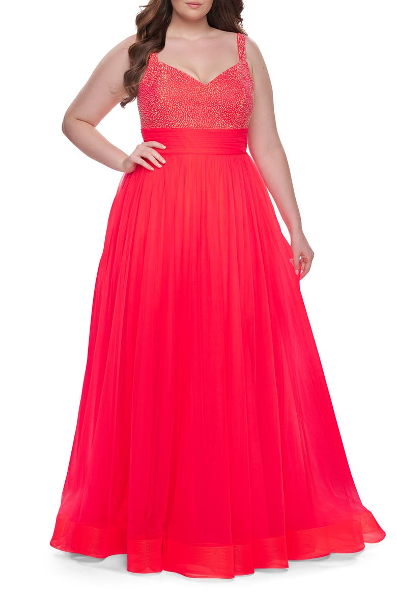 A-Line Plus Size Prom Dress with Rhinestone Bodice, Alternate, color, Hot Coral