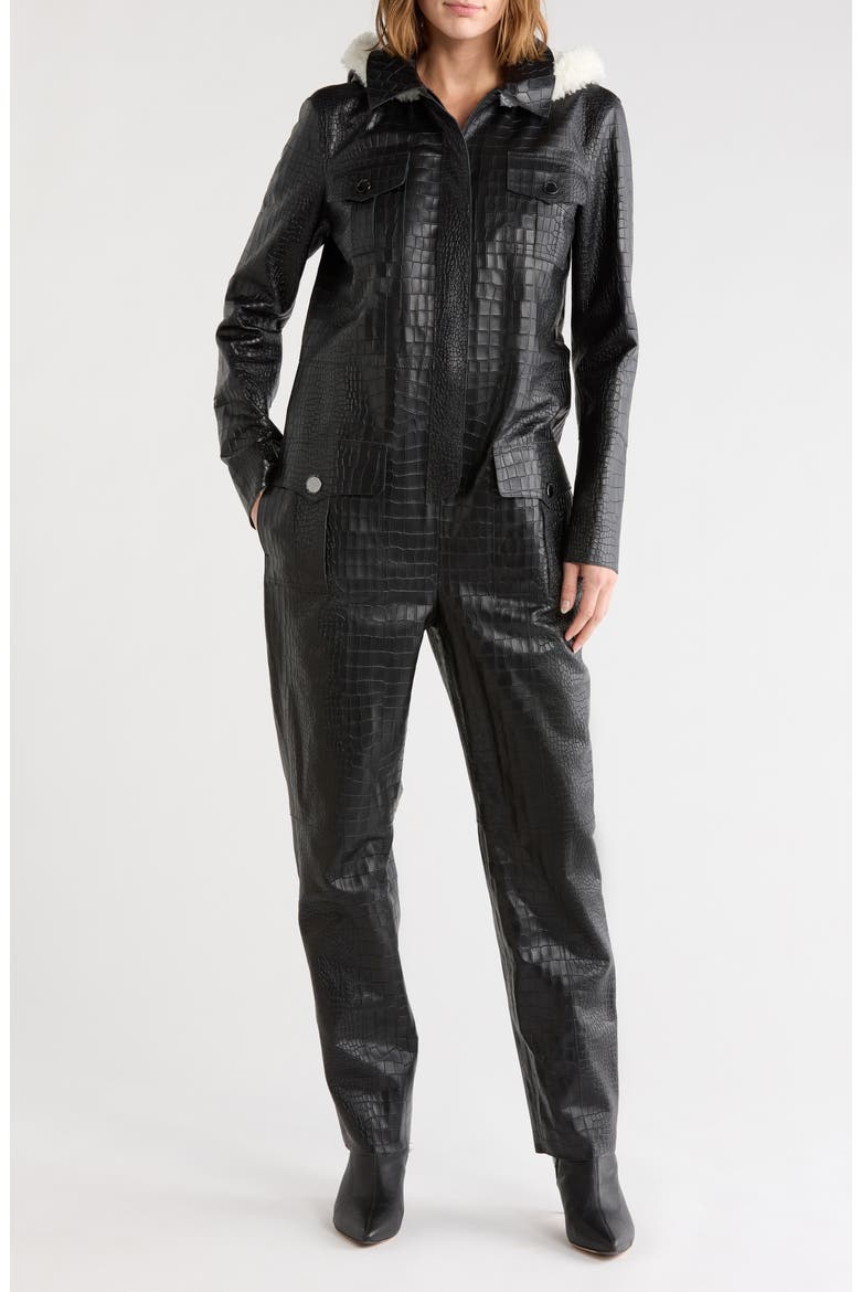 Croc Embossed Leather Trousers with Shearling Trim, Main, color, BLACK