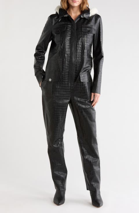 Croc Embossed Leather Trousers with Shearling Trim
