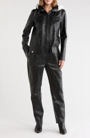 Longchamp Croc Embossed Leather Trousers with Shearling Trim