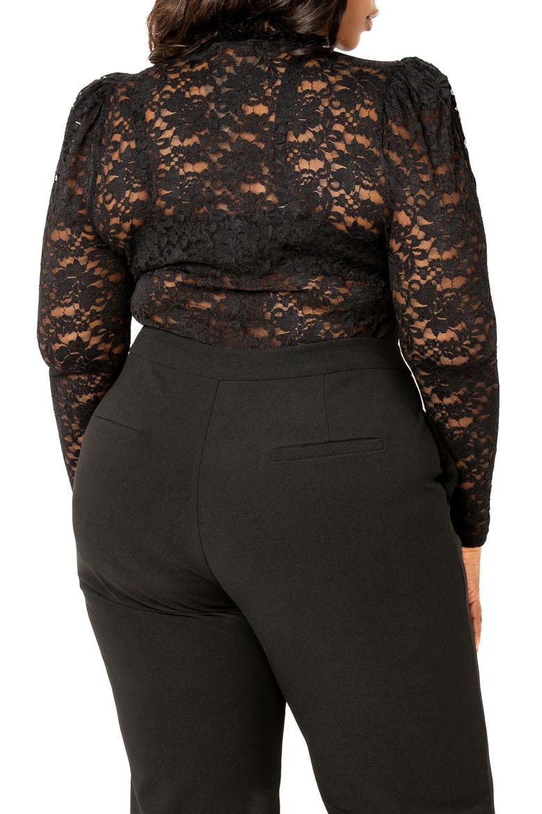 Sheer Stretch Lace Long Sleeve Bodysuit, Alternate, color, BLACK
