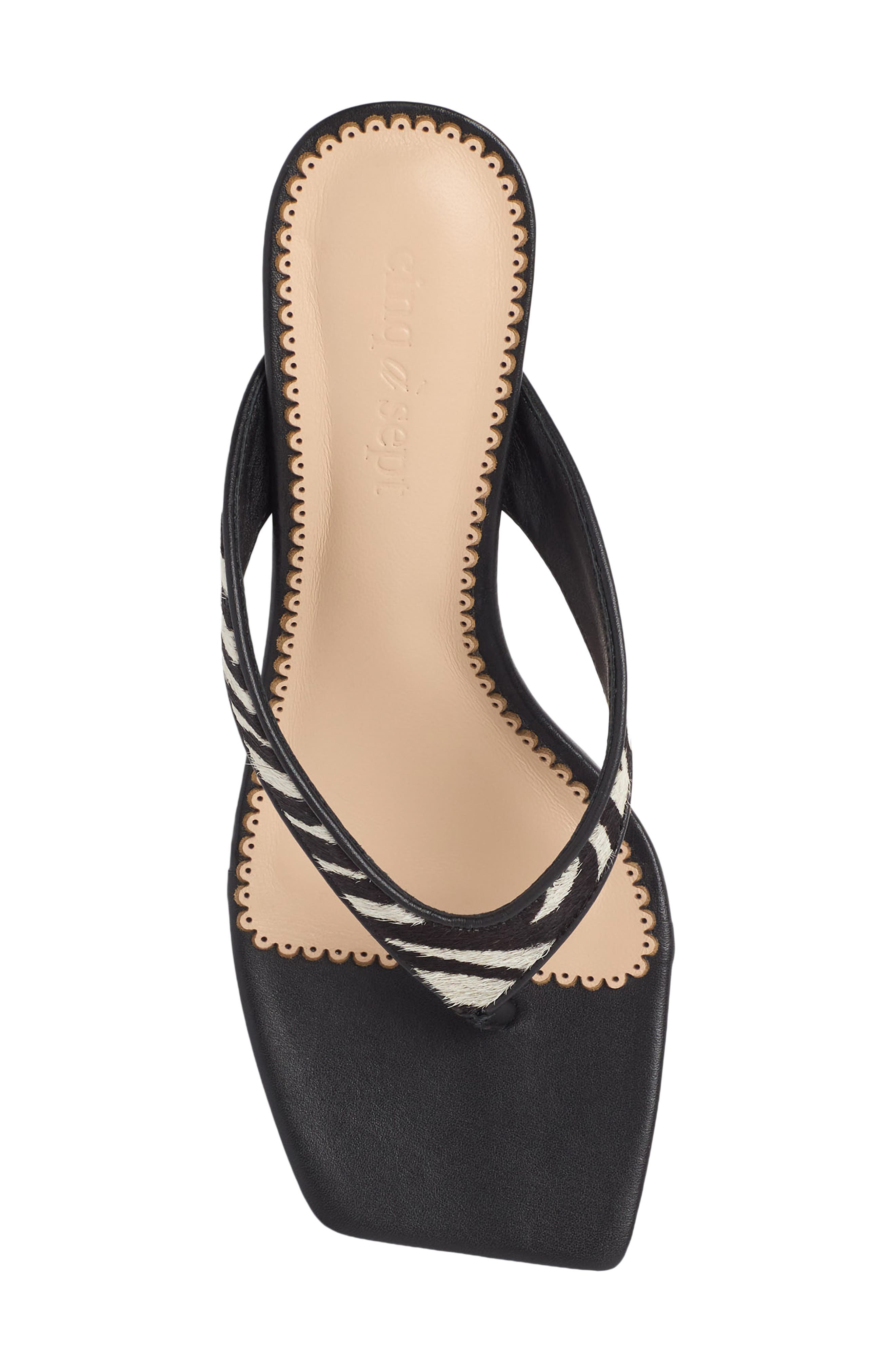 Cinq à Sept Frankie Zebra Print Calf Hair Thong Sandal, Alternate, color, Black/ Ivory