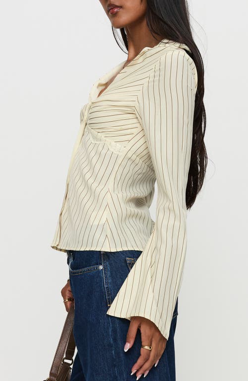 Princess Polly Life Begins Pinstripe Lace Trim Button-up Shirt In Neutral