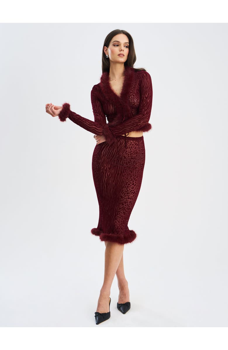Miss Circle Haliia Burnout Velvet Faux Fur Trim Skirt, Alternate, color, Burgundy