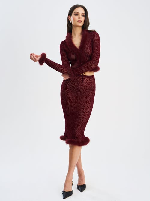 Miss Circle Halii Burnout Velvet Mesh Fur Trim Top In Burgundy