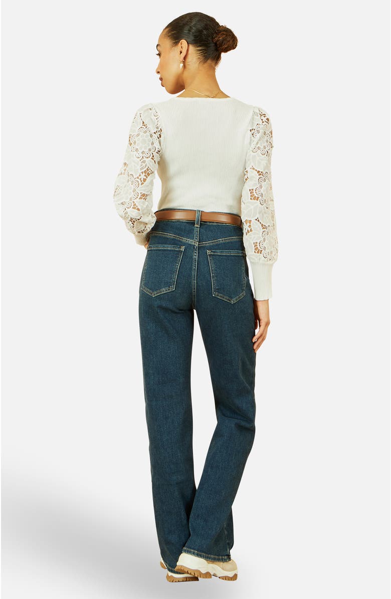 Yumi Ribbed Knitted Lace Sleeve Top, Alternate, color, White