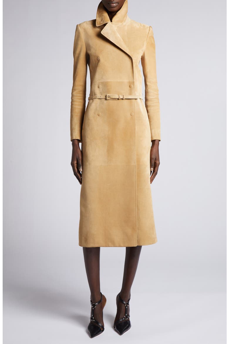 Double Breasted Lambskin Suede Trench Coat, Main, color, WARM SAND
