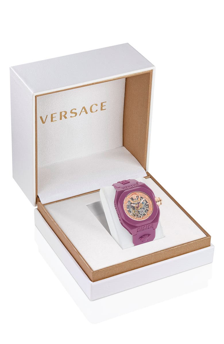 Versace V-Legend Skeleton Recycled Polyurethane Strap Watch, 42mm, Alternate, color, Burgundy