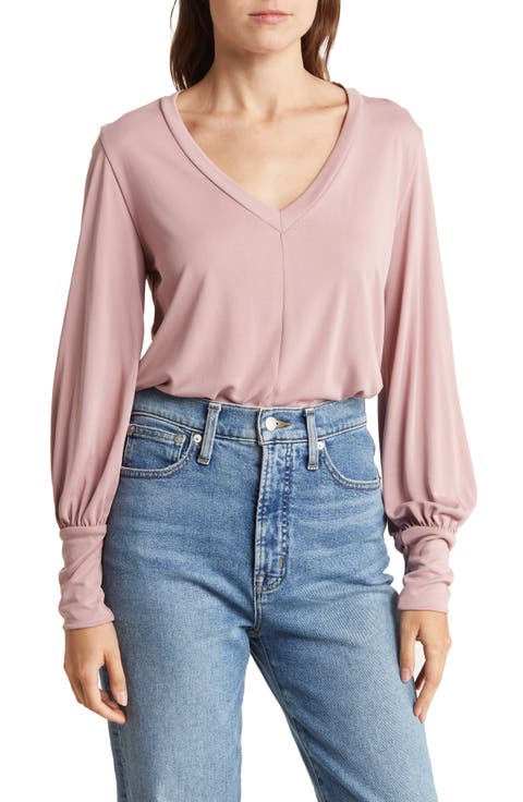 V-Neck Long Sleeve Solid Top