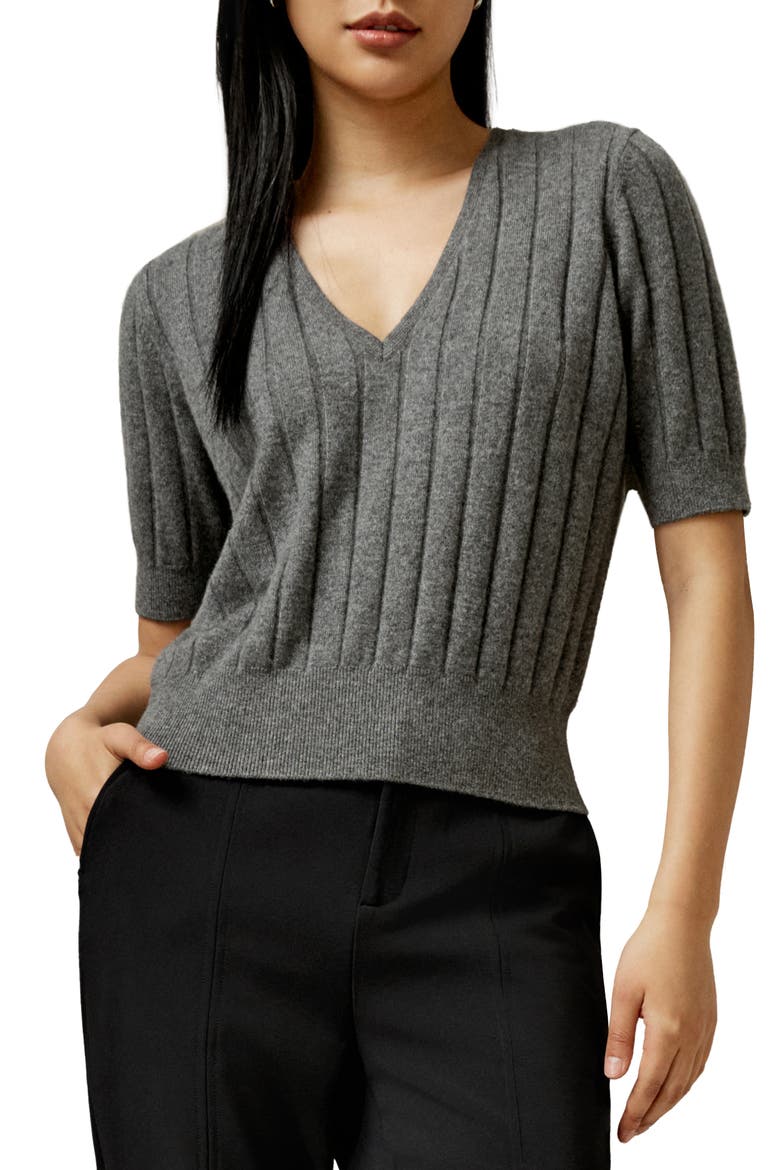 Women's V-Neck Cashmere T-shirt, Main, color, Medium Gray