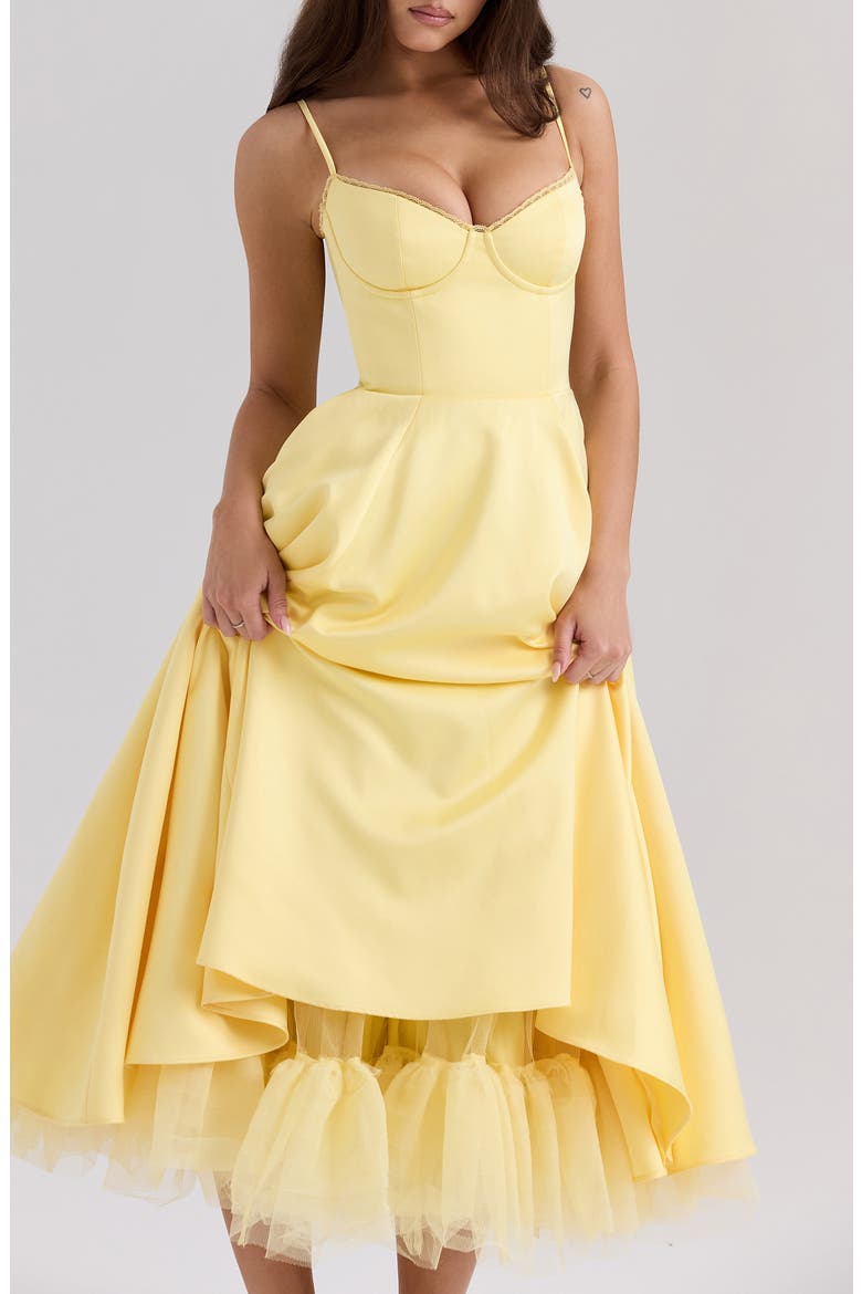 Mademoiselle Bustier Stretch Satin Midi Cocktail Dress, Alternate, color, SUNSHINE