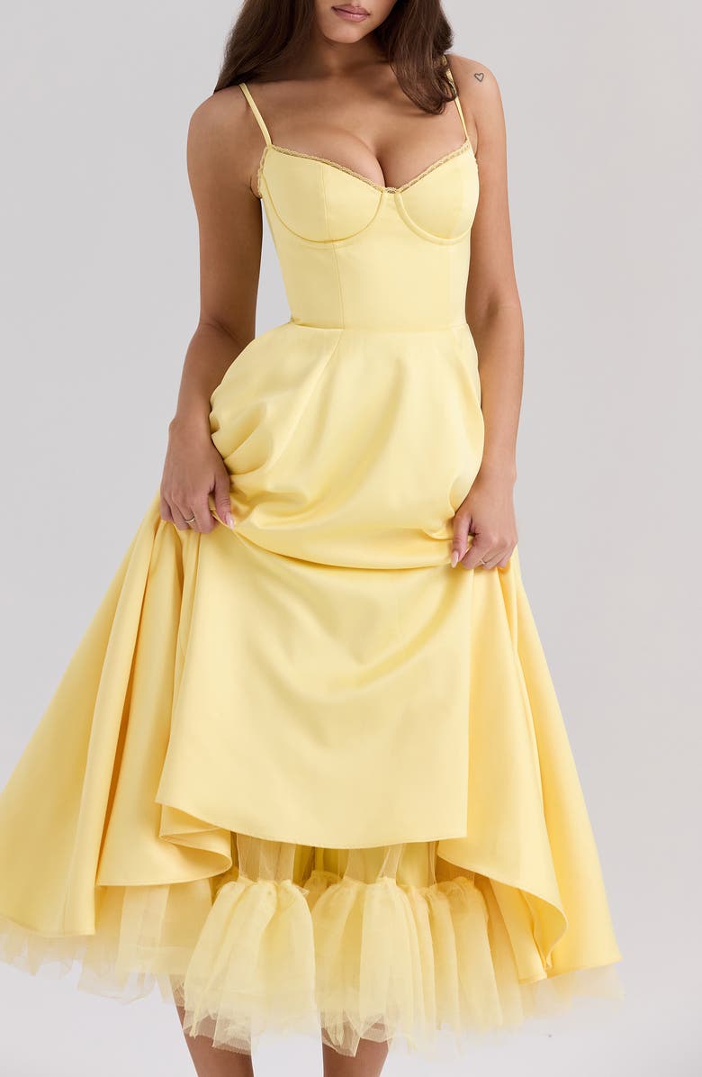 HOUSE OF CB Mademoiselle Bustier Stretch Satin Midi Cocktail Dress, Alternate, color, Sunshine