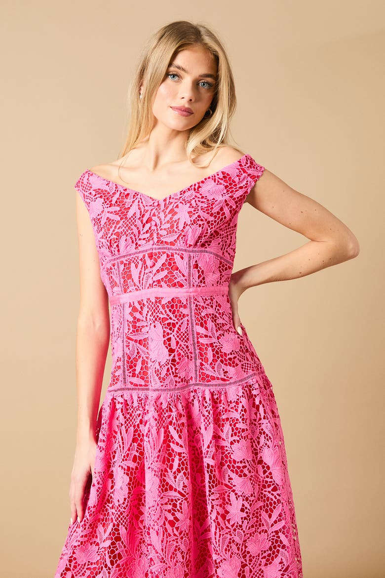 Floral Lace Off The Shoulder Midi Dress, Alternate, color, Pink