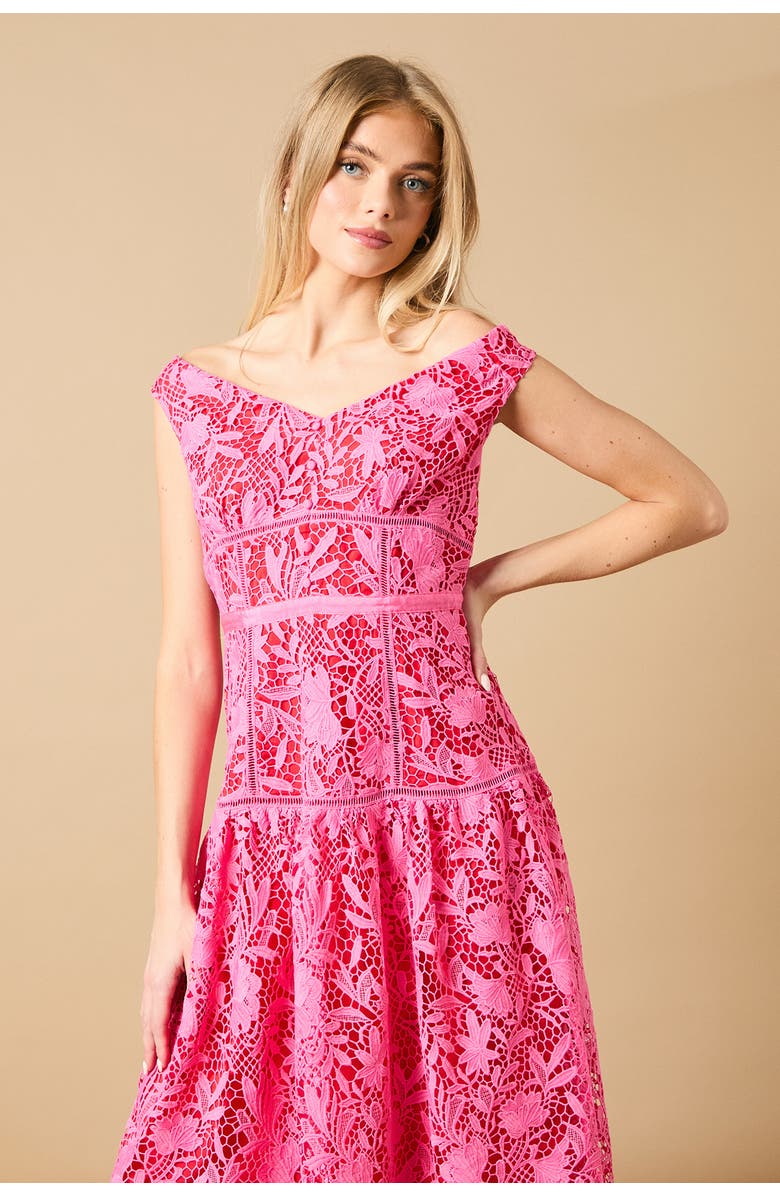 Oasis Floral Lace Off The Shoulder Midi Dress, Alternate, color, Pink