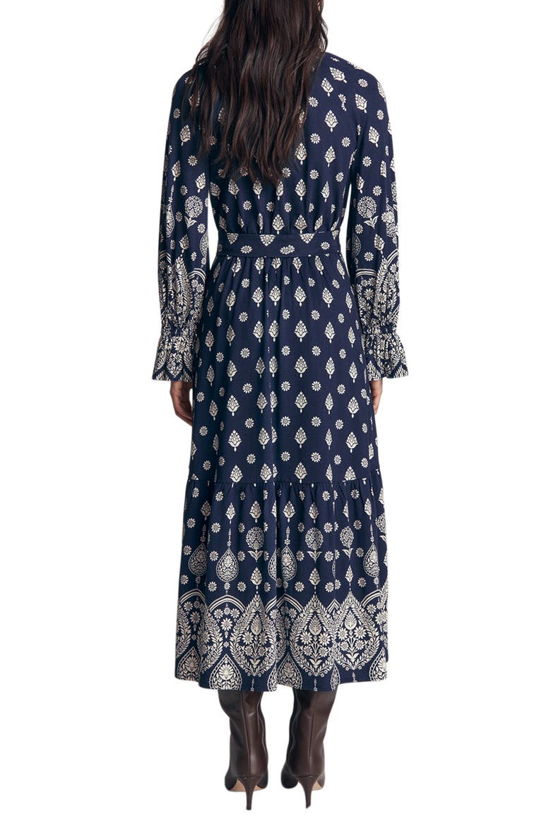 Blouson Tiered Jersey Dress, Alternate, color, FRENCH NAVY, ORNATE GARDENIA
