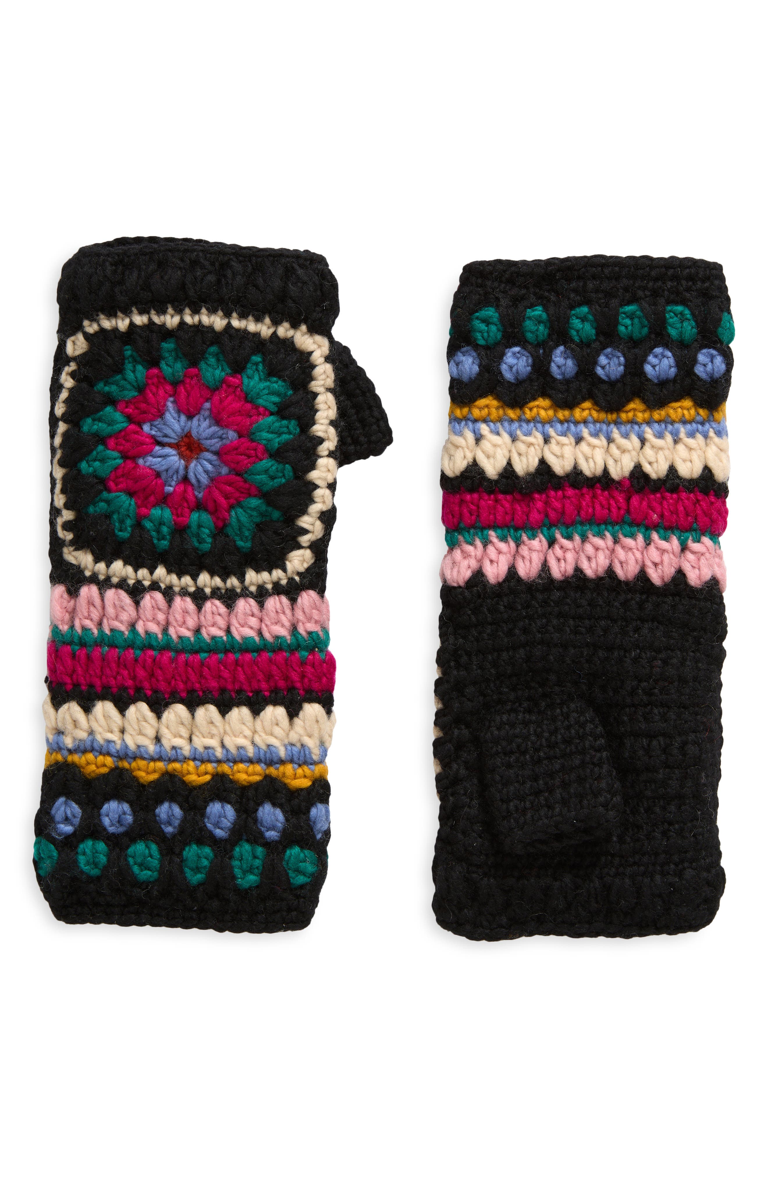 FRENCH KNOT Woodstock Crochet Fingerless Wool Gloves in Black 
