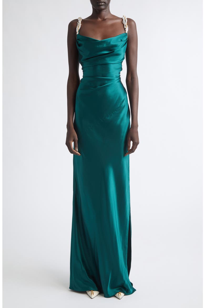 Embellished Strap Cowl Neck Silk Column Gown, Main, color, SQV BLUE MULTI
