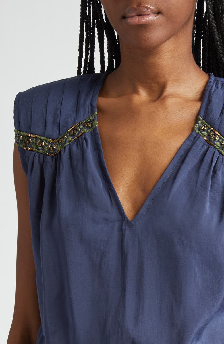 Ramy Brook Millegan Bead Detail Smock Waist Top, Alternate, color, Navy
