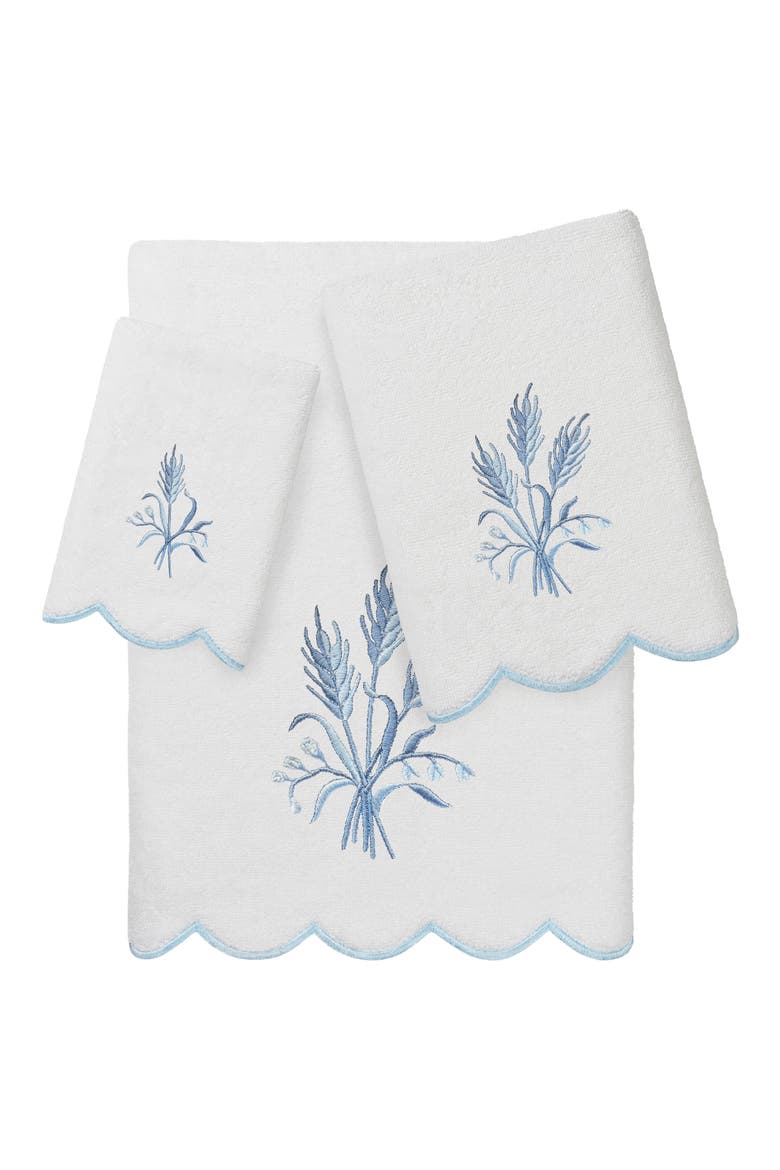 Whitney Scalloped 3-Piece Embellished Towel Set, Main, color, WHITE/ BLUE
