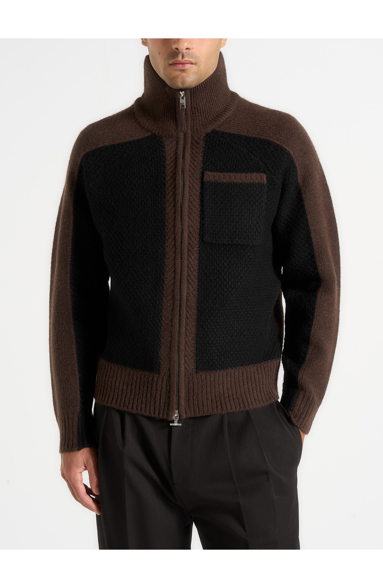 Manière De Voir Rene Colour Block Zip Through Cardigan, Main, color, Brown/Black