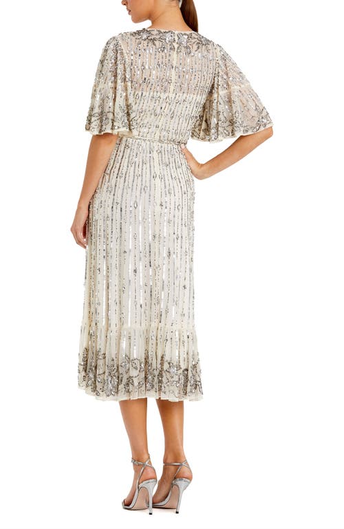 Mac Duggal Sequin Flounce Sleeve Midi Dress In Nude Silver In Neutral