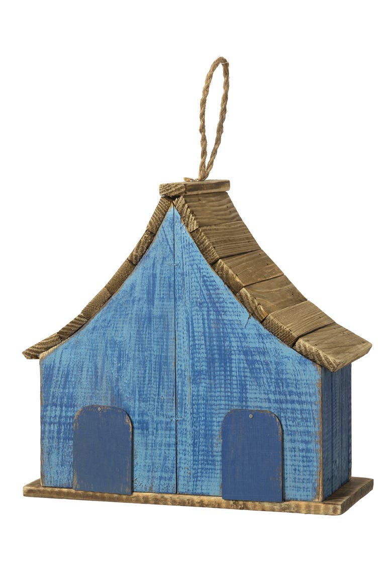 Distressed Solid Wood Birdhouse with 3D Flowers, Alternate, color, Blue